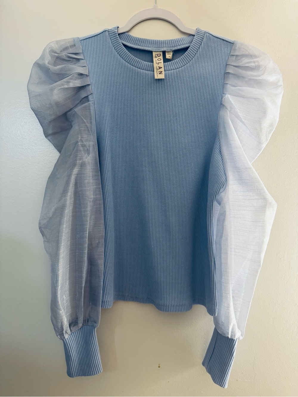 DOLAN Anthropologie soft Blue Puff Poetic sleeves Ribbed Top - Like New -Size M